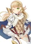  armor blonde_hair blush braid cape fire_emblem fire_emblem_heroes gloves green_eyes long_hair multicolored_hair one_eye_closed pink_hair rojiura-cat sharena simple_background solo thighhighs two-tone_hair white_background 