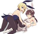  adapted_costume all_fours animal_ears ass black_legwear blonde_hair blue_eyes blue_leotard brown_eyes brown_hair bunny_ears bunny_tail bunnysuit detached_collar erica_hartmann garrison_cap gertrud_barkhorn hat leotard long_hair looking_at_viewer lying multiple_girls nanashino neckerchief pantyhose short_hair simple_background straddling strapless strapless_leotard strike_witches tail white_background white_leotard world_witches_series wrist_cuffs 