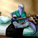  anthro bed cigarette clothed clothing fur guitar hair male mammal mishabahl musical_instrument mustelid otter sitting solo 