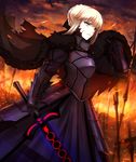  armor armored_dress artoria_pendragon_(all) black_armor blonde_hair breastplate cape cloud dark_excalibur dark_persona fate/stay_night fate_(series) fire fur-trimmed_cape fur_trim gauntlets highres holding holding_sword holding_weapon looking_away parted_lips planted_sword planted_weapon saber_alter shiguru sky slit_pupils solo sparks sword torn_cape weapon yellow_eyes 