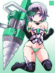  armlet armor bangs bikini_armor black_footwear blue_eyes boots bustier character_name choker closed_mouth copyright_name drill elbow_gloves english frame_arms_girl full_body gloves gourai green_panties headgear highres holding holding_weapon huge_weapon kikuchi_tsutomu kneeling looking_at_viewer mecha_musume panties short_hair silver_hair skindentation solo striped striped_panties thigh_boots thighhighs underwear w_arms weapon 