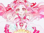  1girl bare_shoulders close-up commentary_request cure_yell earrings eyelashes eyeliner floating_hair flower grey_background hair_flower hair_ornament hair_ribbon heart hugtto!_precure jewelry lips lipstick long_hair looking_at_viewer magical_girl makeup nono_hana pink_eyes pink_hair pink_skirt pom_poms precure ribbon simple_background skirt smile solo upper_body wasure_(ponmg402) 
