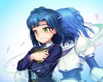  armor back-to-back blue_hair blush book commentary_request dual_persona holding holding_book idolmaster idolmaster_million_live! nanao_yuriko petals randle short_hair smile wind yellow_eyes 