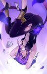  1girl armpits assassin_(fate/prototype_fragments) blush fate/prototype fate/prototype:_fragments_of_blue_and_silver fate_(series) flower gloves knife mask navel nipples open_mouth pants purple_eyes purple_hair short_hair torn_clothes weapon 