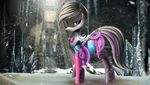  cybernetics cyborg day equine eyelashes female feral grey_hair hair hooves machine mammal my_little_pony outside purple_eyes smile snow snowing solo standing zigword 