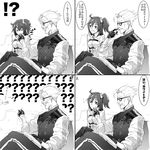  1girl 4koma bug butterfly comic facial_hair fate/grand_order fate_(series) formal fujimaru_ritsuka_(female) glasses gloves greyscale highres insect james_moriarty_(fate/grand_order) monochrome mustache short_hair side_ponytail smile suit suzuki_rui translation_request trembling vest 