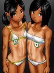  2girls bikini black_hair closed_mouth cowboy_shot female flat_chest gradient gradient_background id_tag long_hair looking_at_viewer midriff multiple_girls navel one-piece_tan original sandansu smile standing stomach swimsuit tan tanline tied_hair twintails 