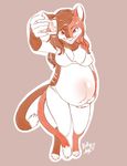  2017 anthro belly big_belly bra breasts brown_fur brown_hair bullydog camera clothed clothing english_text feline female fur hair hand_on_stomach lilith_(azria) long_hair looking_at_viewer mammal navel nipple_bulge red_fur red_hair selfie signature smile solo text underwear white_fur 