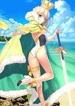  ankle_ribbon artoria_pendragon_(all) artoria_pendragon_(swimsuit_archer) ass beach blonde_hair braid cape casual_one-piece_swimsuit cloud cloudy_sky crown day excalibur eyebrows_visible_through_hair fate/grand_order fate_(series) green_eyes gun high_heels holding holding_gun holding_weapon long_hair looking_at_viewer looking_back ocean one-piece_swimsuit outdoors ribbon sky solo standing swimsuit takeuchi_takashi thigh_ribbon water_gun weapon yellow_ribbon 