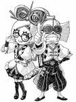  1girl \m/ absurdres commentary_request cuffs dress frilled_dress frills glasses goggles goggles_on_head greyscale grin hair_ornament hair_stick headband highres mary_janes monochrome music_hour pointing pointing_at_viewer purah robbie_(zelda) shoes short_hair simple_background smile the_legend_of_zelda the_legend_of_zelda:_breath_of_the_wild thighhighs white_background zettai_ryouiki 