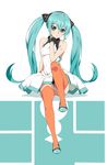  aqua_eyes aqua_hair breasts dress eyelashes gloves hair_between_eyes hair_ornament hatsune_miku high_heels highres long_hair looking_at_viewer open_mouth orange_legwear saitoyu00 shadow simple_background sitting sleeveless small_breasts solo tattoo thigh_gap thighhighs twintails very_long_hair vocaloid 