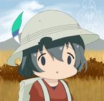  abyaa_face ai_mai_mii animal_ears backpack bag black_hair commentary dagappa day face_of_the_people_who_sank_all_their_money_into_the_fx hat hat_feather helmet kaban_(kemono_friends) kemono_friends parody pith_helmet red_shirt savannah season_connection seiyuu_connection serval_(kemono_friends) serval_ears shirt short_hair uchida_aya 