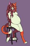  2017 anthro areola belly big_belly big_breasts breasts convenient_censorship featureless_breasts feline female fur green_eyes hair lilith_(azria) long_hair looking_at_viewer lying mammal multi_tail navel nude on_back pregnant purple_background red_fur red_hair simple_background smile solo spottedtigress stool tan_fur tasteful_nudity 