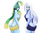  big_breasts black_sclera blush breasts butt clothed clothing dullahan duo female goo_creature green_eyes hair lala_(monster_musume) looking_back monster_musume pikachumask side_boob simple_background smile suu_(monster_musume) virgin_killer_sweater white_background white_hair yellow_eyes 