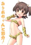 ! 10s 1girl :d akagi_miria bare_shoulders bikini black_hair breasts collarbone female fingerless_gloves gloves horns idolmaster idolmaster_cinderella_girls looking_at_viewer midriff miniskirt navel qm simple_background small_breasts solo standing stomach swimsuit text tiger_print translation_request twintails white_background 