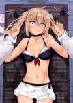  1girl admiral_(kantai_collection) ass_visible_through_thighs bangs black_bikini_top blonde_hair breasts choker clenched_teeth constricted_pupils front-tie_top gloves hair_ornament hairpin hetero highres imminent_rape jaku_denpa kantai_collection long_hair long_sleeves looking_at_viewer lying medium_breasts military military_uniform murasame_(kantai_collection) naval_uniform on_back out_of_frame pov pov_hands red_eyes remodel_(kantai_collection) restrained scared scarf skirt solo_focus sweat tan tears teeth twintails uniform white_gloves white_scarf white_skirt wide-eyed 