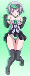  armlet ass_visible_through_thighs bangs black_dress black_footwear blue_eyes boots choker dress elbow_gloves frame_arms_girl from_above full_body gloves gourai green_background green_panties headgear highres kikuchi_tsutomu knees_together_feet_apart looking_at_viewer lying mecha_musume on_back open_mouth panties short_dress short_hair silver_hair solo strapless strapless_dress striped striped_panties thigh_boots thigh_gap thighhighs underwear w_arms 