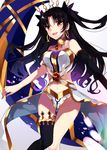  armlet bare_shoulders black_hair breasts crown earrings fate/grand_order fate_(series) hair_ribbon hoop_earrings ishtar_(fate/grand_order) jewelry long_hair long_legs looking_at_viewer medium_breasts mipe_(r_kkk12) navel red_eyes ribbon simple_background single_thighhigh smile solo thighhighs white_background 