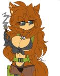  akatsukishiranui-fox anthro areola big_breasts blue_eyes breasts brown_hair brown_tail camel_toe clothed clothing fan_character female fineeve_the_wolf_soldier hair izacmafia 