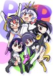  &gt;_o 5girls :d ;d black_hair blush brown_eyes commentary_request emperor_penguin_(kemono_friends) gentoo_penguin_(kemono_friends) group_name hair_between_eyes hair_over_one_eye headphones highres humboldt_penguin_(kemono_friends) jacket kawara_hajime kemono_friends long_hair long_sleeves looking_at_viewer multicolored_hair multiple_girls one_eye_closed open_mouth penguins_performance_project_(kemono_friends) pleated_skirt rockhopper_penguin_(kemono_friends) royal_penguin_(kemono_friends) skirt smile white_skirt 