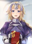  :d armor armored_dress blonde_hair blue_eyes braid fate/apocrypha fate_(series) gift gift_bag headpiece hinoshita_akame jeanne_d'arc_(fate) jeanne_d'arc_(fate)_(all) long_hair looking_at_viewer open_mouth single_braid smile 