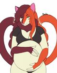  2017 anthro belly big_belly big_breasts bourbon._(artist) breasts cleavage clothed clothing feline female fur green_eyes hair half-closed_eyes hand_on_stomach lilith_(azria) long_hair mammal navel pregnant raised_tail red_fur red_hair shirt simple_background smile solo tan_fur underwear white_background 