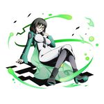  black_footwear black_hair black_legwear black_neckwear boots breasts divine_gate dress full_body glasses green_jacket grey_legwear high_heels jacket large_breasts looking_at_viewer mahouka_koukou_no_rettousei necktie official_art open_mouth pantyhose see-through shadow shibata_mizuki short_hair sitting solo transparent_background ucmm white_dress yellow_eyes 