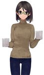  alternate_costume black_hair casual commentary_request cowboy_shot cup eyebrows_visible_through_hair glasses green-framed_eyewear hair_between_eyes hita_(hitapita) holding holding_cup kantai_collection kirishima_(kantai_collection) looking_at_viewer mug pants short_hair simple_background smile solo sweater turtleneck turtleneck_sweater white_background 