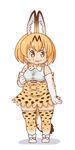  :d animal_ears arm_at_side belly blonde_hair blush bow bowtie chibi commentary dress elbow_gloves fat food food_on_face gloves hand_gesture hondarai kemono_friends looking_away looking_to_the_side nervous_smile open_mouth plump serval_(kemono_friends) serval_ears serval_print serval_tail shoes smile solo spots sweat tail thick_thighs thighhighs thighs yellow_eyes 