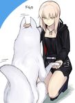  animal artoria_pendragon_(all) belt boots cross cross_necklace dog fate/grand_order fate/stay_night fate_(series) highres holding_paw hood hoodie jewelry knee_boots necklace pale_skin petting saber_alter shorts tetsu_(kimuchi) yellow_eyes 