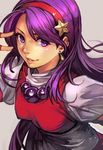  asamiya_athena earrings hair_ornament hairband hankuri jewelry long_hair looking_at_viewer necklace pose puffy_short_sleeves puffy_sleeves purple_eyes purple_hair red_hairband sash shirt short_sleeves simple_background smile solo star star_hair_ornament the_king_of_fighters upper_body v_over_eye white_shirt 
