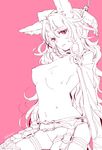  aliasing animal_ears breasts catherine_(granblue_fantasy) cuffs erune granblue_fantasy hand_behind_head handcuffs highres long_hair looking_at_viewer medium_breasts meo monochrome navel nipples open_mouth pink_background pink_eyes sweat topless twitter_username very_long_hair 