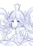 belladonna_(granblue_fantasy) blue blush breasts commentary_request crown elbow_gloves eyebrows_visible_through_hair fingerless_gloves floating_hair gloves granblue_fantasy half-closed_eyes hand_on_own_cheek hand_up highres large_breasts leaf long_hair mini_crown monochrome nono_(totokin) parted_lips plant sketch solo 