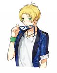  blonde_hair blue-framed_eyewear blush ensemble_stars! eyewear_removed glasses green_eyes holding holding_eyewear jewelry male_focus necklace open_mouth plaid plaid_jacket solo toma_(norishio) trickstar yuuki_makoto_(ensemble_stars!) 