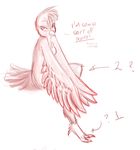  4_toes ? ankle_tuft anthro avian barefoot beak bird breasts chest_tuft covering covering_self dialogue digital_drawing_(artwork) digital_media_(artwork) directional_arrow english_text feathered_wings feathers featureless_breasts feet female full-length_portrait hair looking_at_viewer monochrome nude numbers nyar pinup portrait pose red_theme simple_background sitting sketch smile solo tail_feathers talons text toes tuft white_background winged_arms wings zoichi 