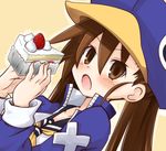  blue_hat brown_eyes brown_hair cake commentary_request disgaea eating food fruit hat highres iwasi-r kazamatsuri_fuuka long_hair looking_at_viewer makai_senki_disgaea_4 open_mouth solo strawberry twintails 