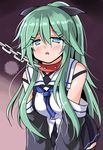  aqua_hair bare_shoulders between_breasts blue_eyes blue_neckwear breasts chain collar commentary_request detached_sleeves hair_between_eyes hair_ribbon hairband kantai_collection leash long_hair medium_breasts neckerchief open_mouth ribbon skirt solo tears tsuzuri_(tuzuri) yamakaze_(kantai_collection) 