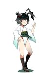  absurdres adapted_costume animal_ears black_footwear black_hair boots bunny_ears bunny_girl bunny_tail closed_eyes cross-laced_footwear full_body hakama_skirt hat highres kantai_collection lace-up_boots leotard matsukaze_(kantai_collection) mini_hat mini_top_hat nassukun short_hair smile smug solo standing tail top_hat white_background 