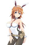  animal_ears bag belt black_legwear blue_eyes breasts bunny_ears bunnysuit charlotte_e_yeager checkered checkered_neckwear cleavage contrapposto cowboy_shot detached_collar fake_animal_ears hairband large_breasts leotard long_hair nanashino necktie orange_hair pantyhose simple_background solo standing strapless strapless_leotard strike_witches white_background white_leotard world_witches_series wrist_cuffs 
