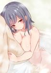  1girl barefoot bathing bathtub black_hair breasts commentary_request hug kantai_collection kneeling large_breasts mixed_bathing nude red_eyes short_hair smile takao_(kantai_collection) water yukishiro_arute 