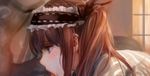 1girl alber blue_eyes brown_hair character_request eyelashes hairband hetero implied_fellatio indoors lips long_hair original profile saliva solo_focus sweat tongue tongue_out twintails 
