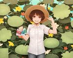  brown_eyes brown_hair commentary cowboy_shot denim flower garden hat heart jeans leaf looking_at_viewer open_mouth original pants plant short_hair smile solo straw_hat sun_hat yajirushi_(chanoma) 