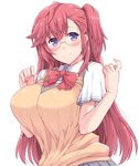  ano_natsu_de_matteru beckoning blush bow bowtie breasts closed_mouth commentary_request glasses hasu_(hk_works) large_breasts long_hair looking_at_viewer purple_eyes red_bow red_hair red_neckwear rimless_eyewear school_uniform short_sleeves smile solo sweater_vest takatsuki_ichika upper_body 