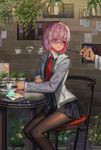  1girl black-framed_eyewear black_legwear cafe chair coffee_symbol cup fate/grand_order fate_(series) food formal fujimaru_ritsuka_(male) glasses grey_jacket hair_over_one_eye hanging_plant highres jacket legs_together light_smile long_sleeves looking_at_another looking_back macaron makeup mascara mash_kyrielight miniskirt necktie no_symbol note out_of_frame pantyhose pink_hair plant pocky potted_plant purple_eyes purple_skirt saucer short_hair sitting sk_tori skirt solo_focus table tea teacup wifi_symbol 