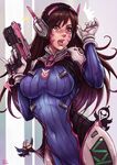  animal_print animalization arm_up artist_name bangs bird blush bodysuit breasts brown_eyes brown_hair bunny_print charm_(object) covered_navel cowboy_shot d.va_(overwatch) facepaint facial_mark finger_on_trigger gloves grey_background gun handgun headphones high_collar holding holding_gun holding_weapon kachima long_hair looking_at_viewer medium_breasts open_mouth overwatch pilot_suit pink_lips pinky_out pistol reaper_(overwatch) ribbed_bodysuit shoulder_pads signature skin_tight soldier:_76_(overwatch) star striped striped_background surprised swept_bangs vertical-striped_background vertical_stripes weapon whisker_markings white_background white_gloves 
