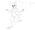  2017 anthro avian beak bird black_and_white breasts feathers female looking_at_viewer monochrome navel nipples nude nyar one_leg_up owl pubes simple_background tail_feathers talons white_background 
