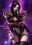 amethyst armor artist_request bangs black_hair black_legwear black_panties breast_hold breasts claw_(weapon) cleavage closed_mouth contrapposto cowboy_shot diablo_3 dress elbow_gloves fingerless_gloves gauntlets gem glint gloves groin hair_flaps hand_on_own_thigh hand_up heroes_of_the_storm highleg highleg_panties highres li-ming lips long_dress long_hair long_sleeves looking_at_viewer medium_breasts nail_polish panties parted_bangs partially_visible_vulva ponytail purple_background purple_dress purple_nails scroll shoulder_pads sidelocks single_elbow_glove single_gauntlet single_sleeve skull solo standing star starry_background thighhighs underbust underwear weapon wizard_(diablo_3) yellow_eyes zettai_ryouiki 