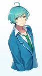  ahoge aqua_hair blazer blush ensemble_stars! green_eyes jacket male_focus necktie shinkai_kanata smile solo toma_(norishio) yumenosaki_school_uniform 