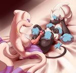  2017 black_fur blue_fur blush canine duo female feral foot_fetish footjob fur furfrou hurikata interspecies lying male male/female mammal mienshao nintendo nude on_back pawpads penis pink_pawpads pok&eacute;mon purple_fur pussy video_games white_fur 