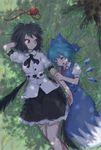  arm_holding arm_hug black_hair black_ribbon black_skirt black_wings blue_dress blue_hair blue_ribbon blush cirno collared_shirt commentary_request dress drooling grass hair_ribbon hand_on_another's_arm hat hat_removed headwear_removed highres ice ice_wings juliet_sleeves long_sleeves looking_at_another low_wings lying lying_on_person messy_hair multiple_girls neck_ribbon on_back puffy_sleeves red_eyes red_hat red_ribbon ribbon roke_(taikodon) shameimaru_aya shirt short_hair short_sleeves skirt sleeping sleeping_on_person sleeveless sleeveless_dress smile tokin_hat touhou tree tree_shade white_dress white_shirt wings 